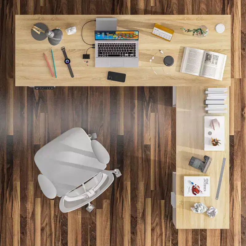 Height-Adjustable Computer Desk Office Desk Standing Desk: L-Shaped Spacious Desktop, Storage Cabinets