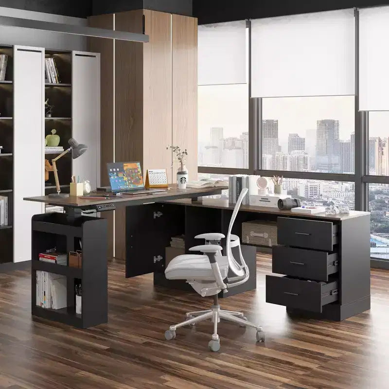Height-Adjustable Computer Desk Office Desk Standing Desk: L-Shaped Spacious Desktop, Storage Cabinets